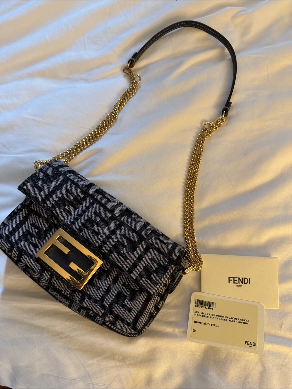 Fendi Baguette Black & Gray FF Jacquard Chain Shoulder Bag with Gold Hardware